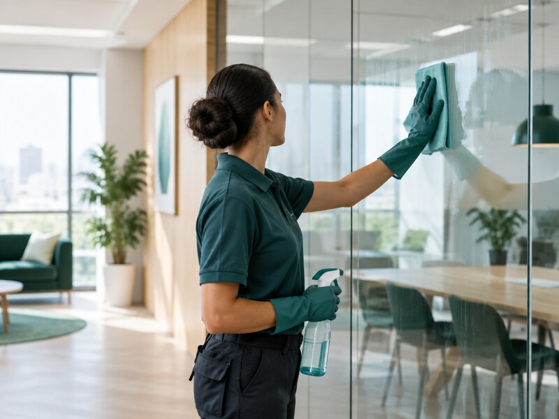 Reinigungskraft von YK Reinigungsservice reinigt eine Glaswand in einem hellen Büro Reinigungskraft von YK Reinigungsservice reinigt eine Glaswand in einem hellen Büro
